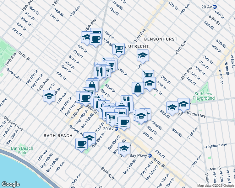 map of restaurants, bars, coffee shops, grocery stores, and more near 82nd Street & 19th Avenue in Brooklyn