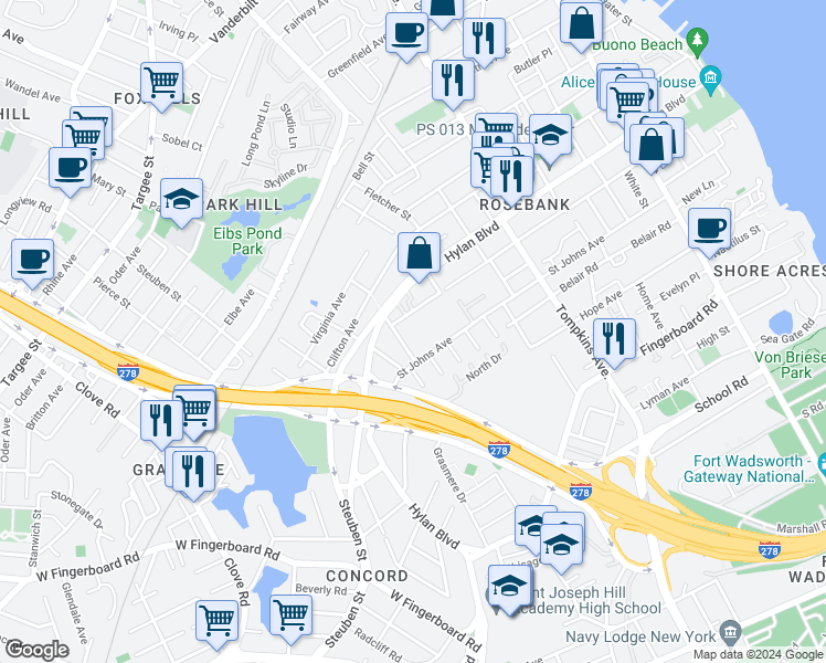 map of restaurants, bars, coffee shops, grocery stores, and more near 410 Maryland Avenue in Staten Island