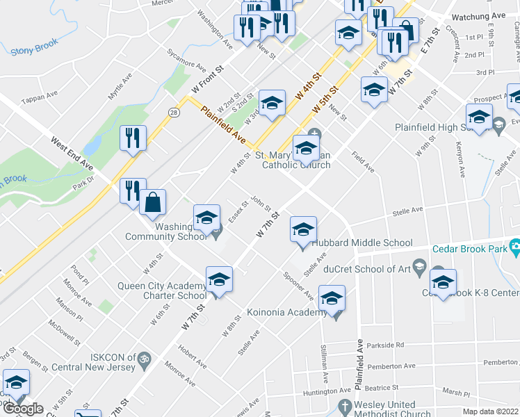 map of restaurants, bars, coffee shops, grocery stores, and more near 614 John Street in Plainfield