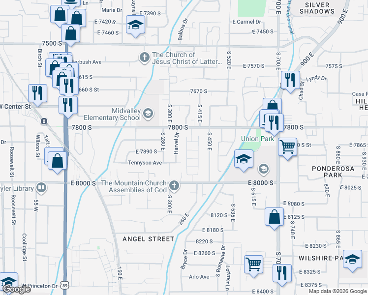 map of restaurants, bars, coffee shops, grocery stores, and more near 7872 Farm House Lane in Midvale