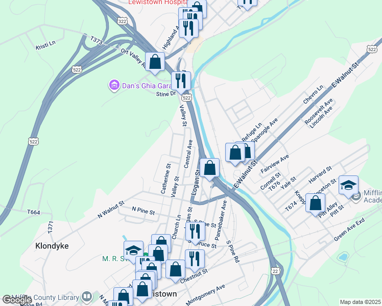 map of restaurants, bars, coffee shops, grocery stores, and more near 78 Central Avenue in Lewistown