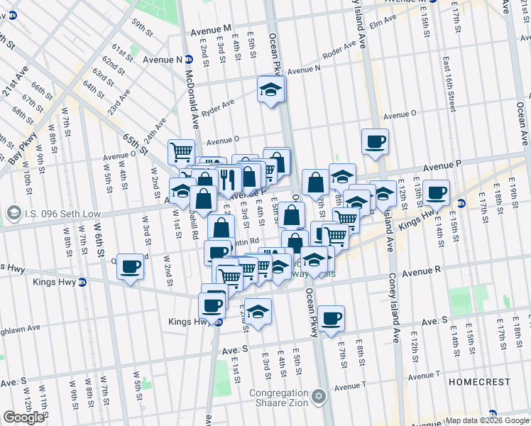 map of restaurants, bars, coffee shops, grocery stores, and more near 1739 East 4th Street in Brooklyn