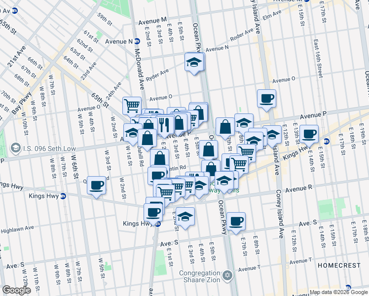 map of restaurants, bars, coffee shops, grocery stores, and more near 1739 East 4th Street in Brooklyn