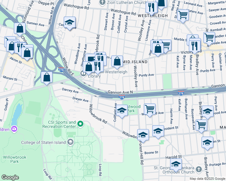map of restaurants, bars, coffee shops, grocery stores, and more near 485 Gannon Avenue North in Staten Island