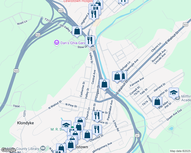 map of restaurants, bars, coffee shops, grocery stores, and more near 78 Central Avenue in Lewistown