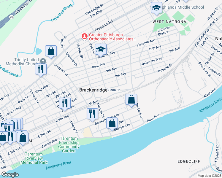 map of restaurants, bars, coffee shops, grocery stores, and more near 1056 Cleveland Avenue in Brackenridge