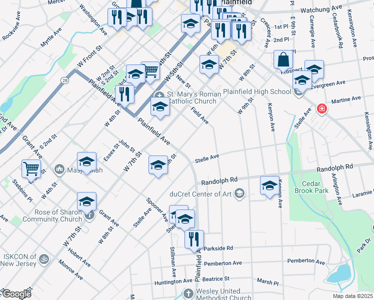 map of restaurants, bars, coffee shops, grocery stores, and more near 601 West 8th Street in Plainfield