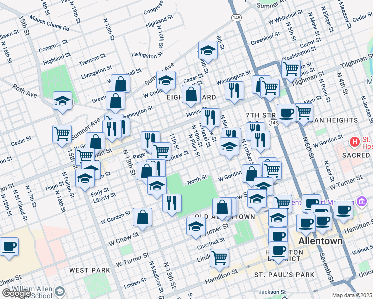 map of restaurants, bars, coffee shops, grocery stores, and more near 530 North Howard Street in Allentown
