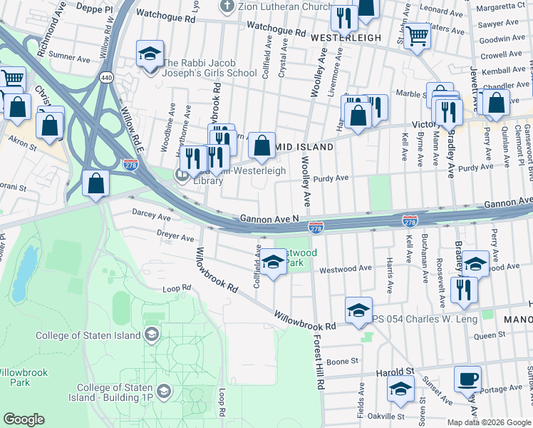 map of restaurants, bars, coffee shops, grocery stores, and more near 433 Gannon Avenue North in Staten Island