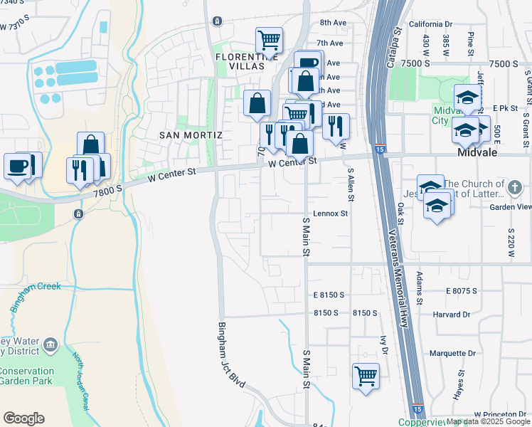 map of restaurants, bars, coffee shops, grocery stores, and more near 787 West Lennox Street in Midvale
