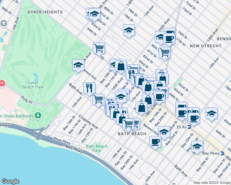 map of restaurants, bars, coffee shops, grocery stores, and more near 1615 Benson Avenue in Brooklyn