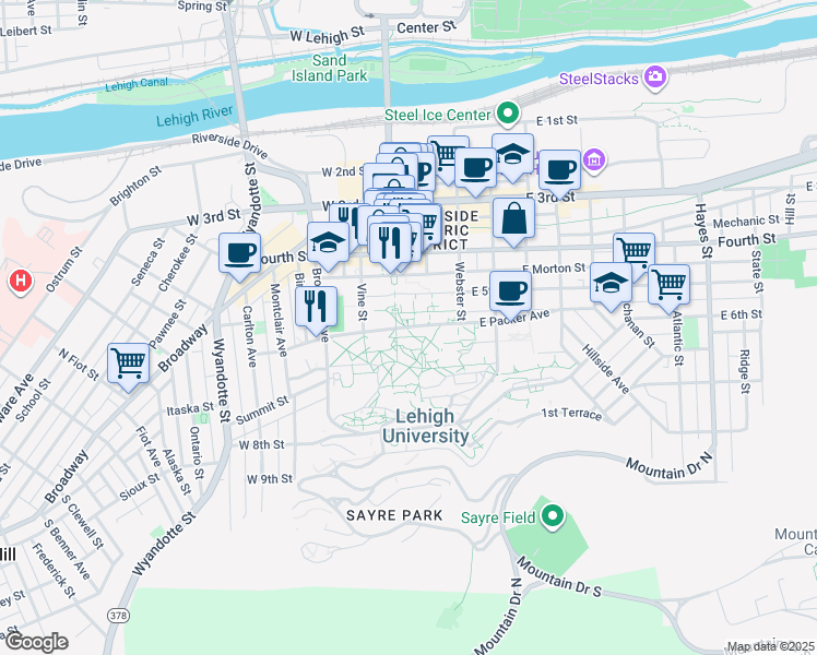 map of restaurants, bars, coffee shops, grocery stores, and more near 1 Farrington Square in Bethlehem