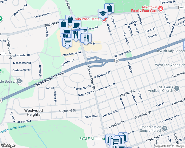 map of restaurants, bars, coffee shops, grocery stores, and more near 1315 North Cedar Crest Boulevard in Allentown