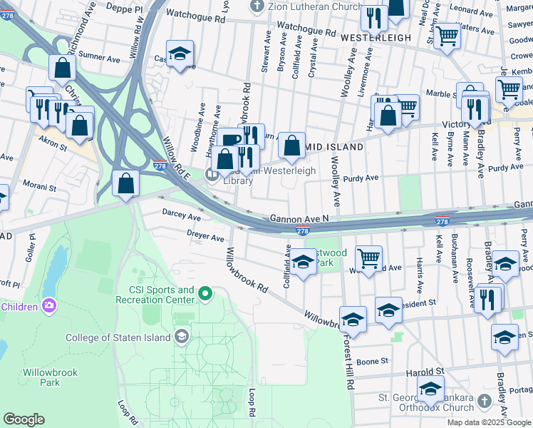 map of restaurants, bars, coffee shops, grocery stores, and more near 485 Gannon Avenue North in Staten Island