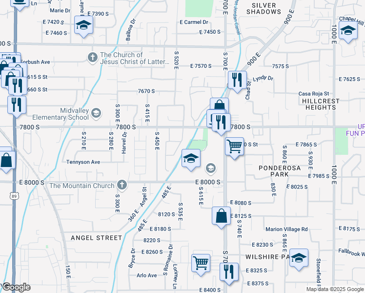 map of restaurants, bars, coffee shops, grocery stores, and more near 7865 South Citori Drive in Sandy