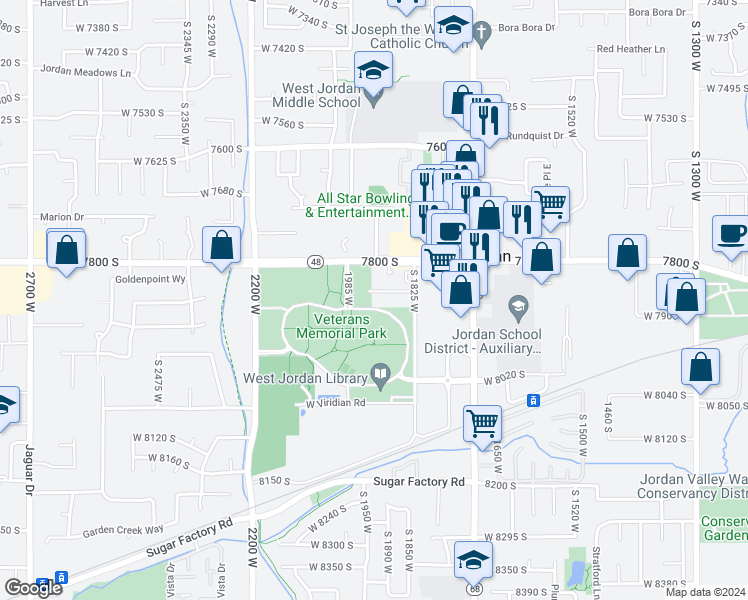 map of restaurants, bars, coffee shops, grocery stores, and more near 1875 Westview Circle in West Jordan