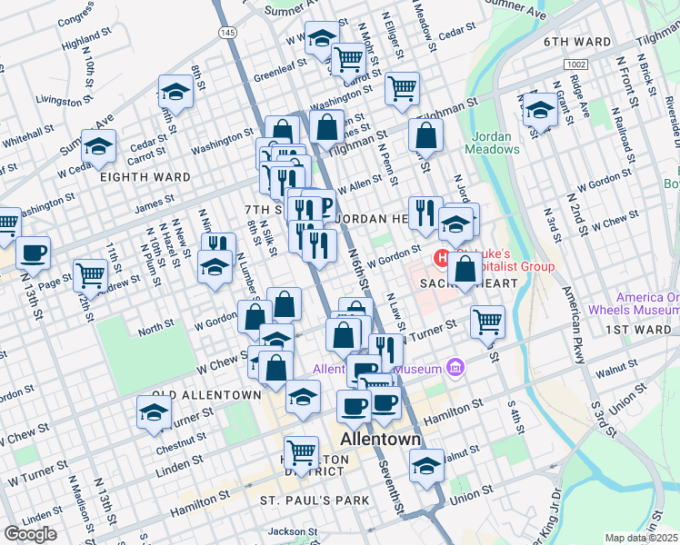 map of restaurants, bars, coffee shops, grocery stores, and more near 625 West Gordon Street in Allentown
