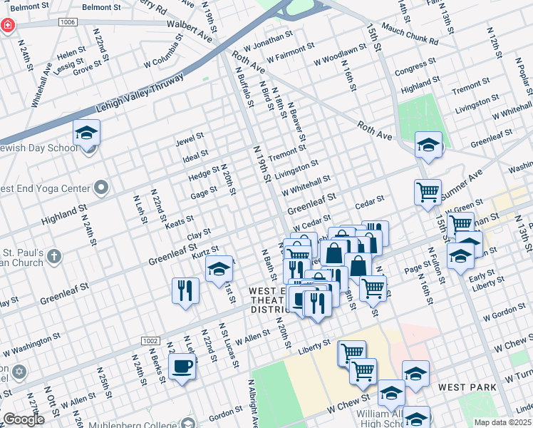 map of restaurants, bars, coffee shops, grocery stores, and more near 1917 Greenleaf Street in Allentown