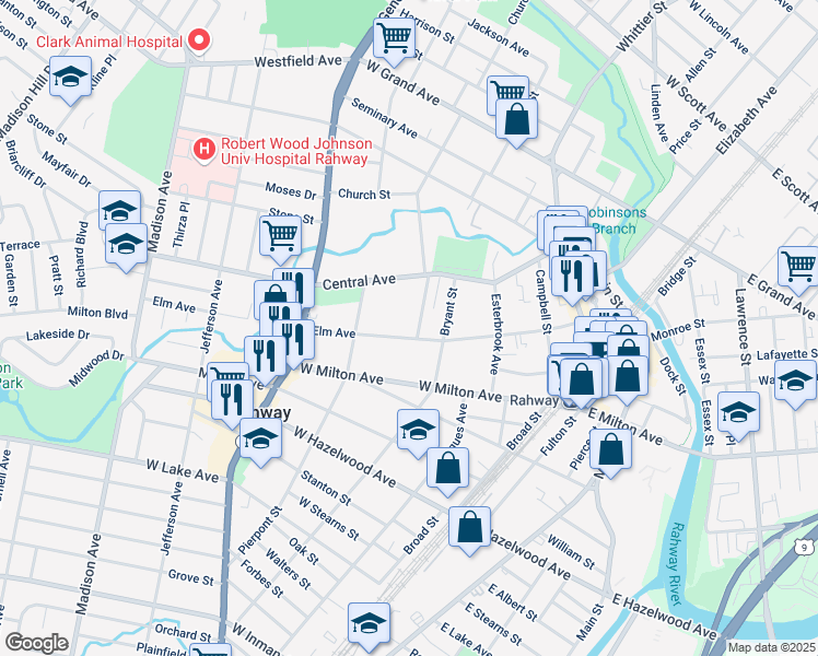 map of restaurants, bars, coffee shops, grocery stores, and more near 298 Elm Avenue in Rahway