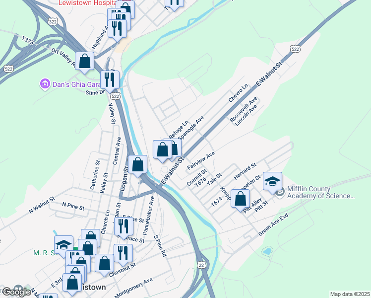 map of restaurants, bars, coffee shops, grocery stores, and more near 505 East Walnut Street in Lewistown