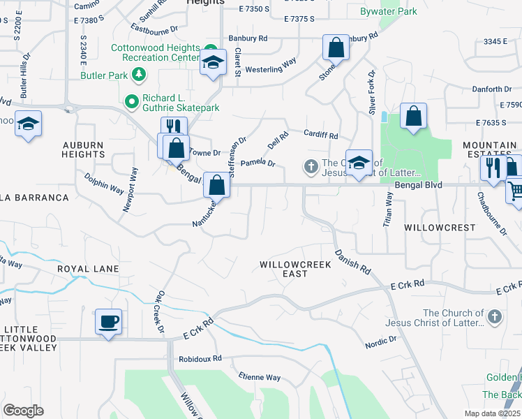 map of restaurants, bars, coffee shops, grocery stores, and more near 7862 Danish Pine Lane in Cottonwood Heights