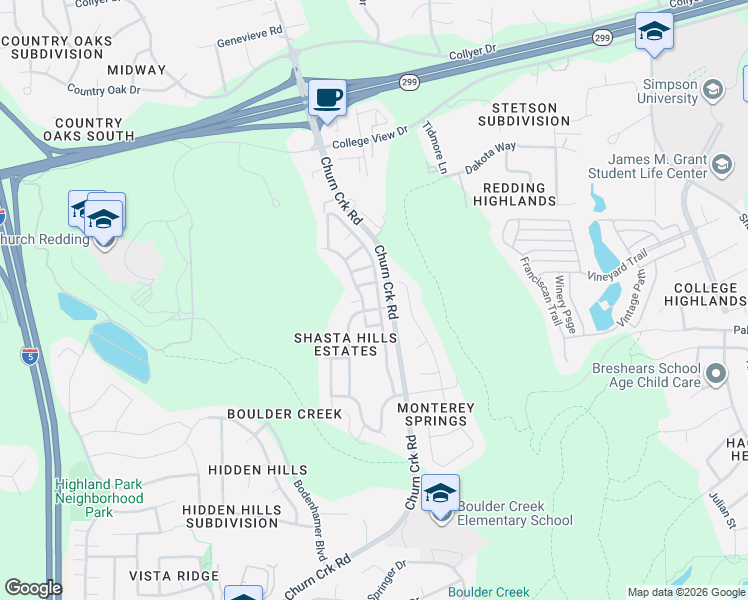 map of restaurants, bars, coffee shops, grocery stores, and more near 472 Mammoth Path in Redding