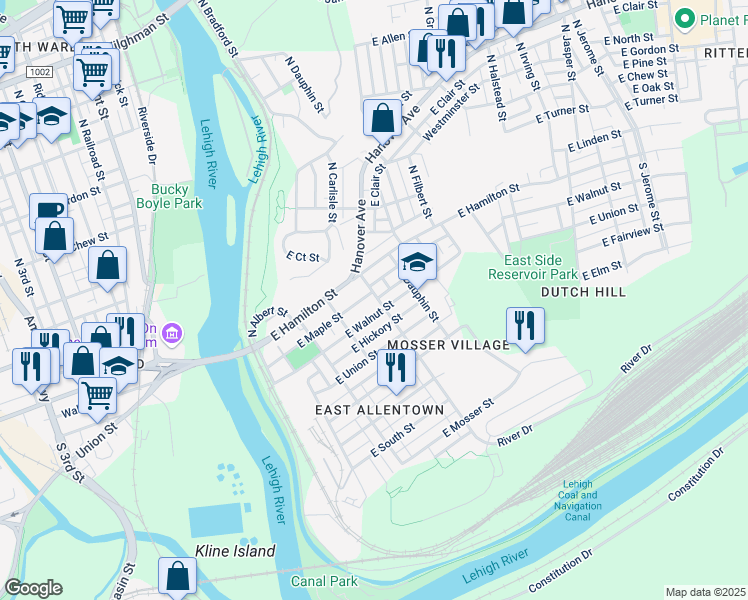 map of restaurants, bars, coffee shops, grocery stores, and more near 266 East Maple Street in Allentown