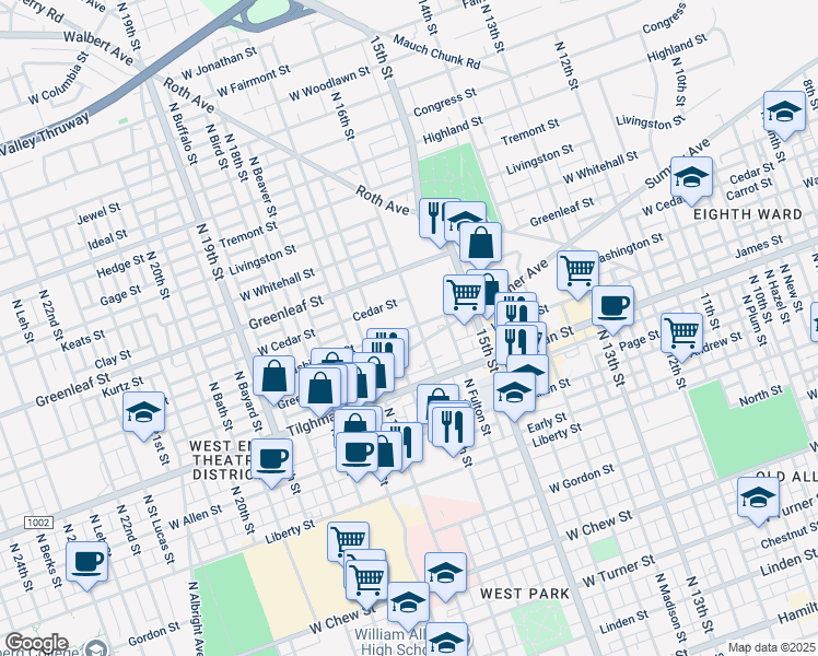 map of restaurants, bars, coffee shops, grocery stores, and more near 1625 East Washington Street in Allentown