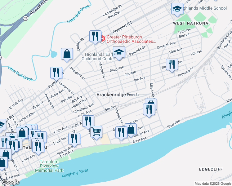 map of restaurants, bars, coffee shops, grocery stores, and more near 1028 Cleveland Avenue in Brackenridge