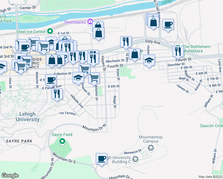 map of restaurants, bars, coffee shops, grocery stores, and more near 922 East 6th Street in Bethlehem