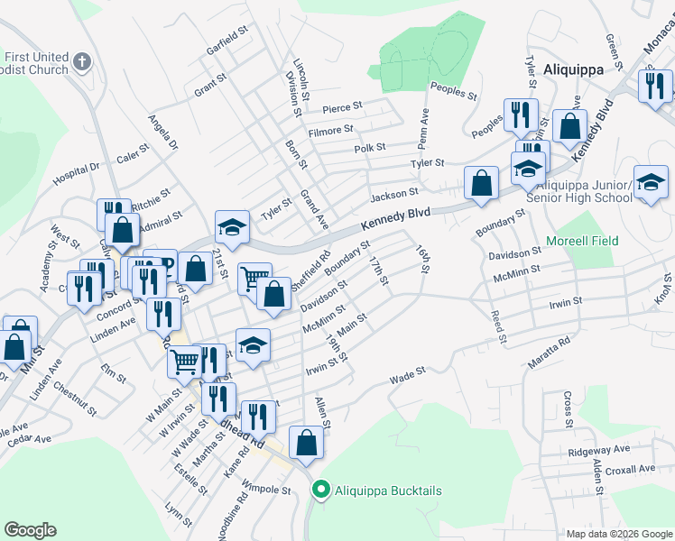 map of restaurants, bars, coffee shops, grocery stores, and more near 1721 Boundary Street in Aliquippa