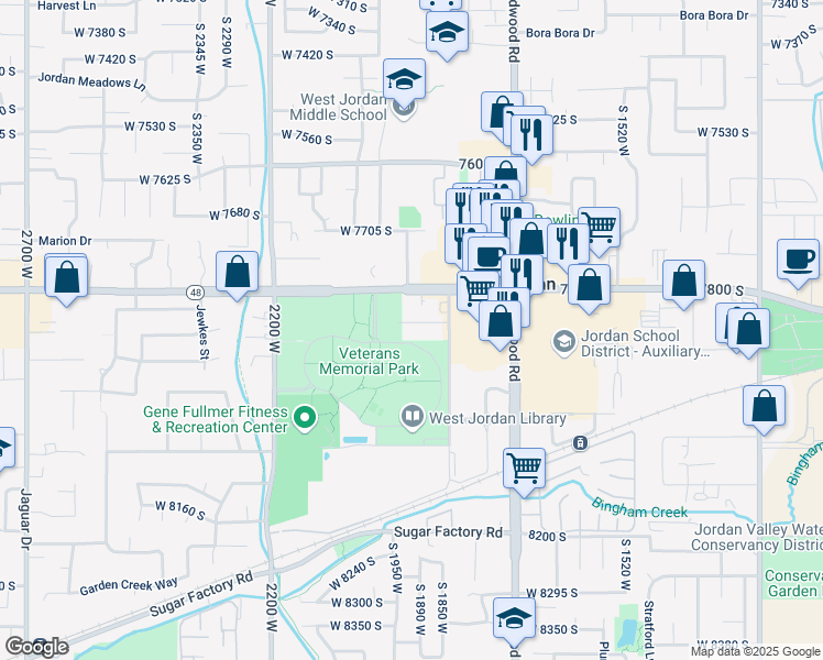 map of restaurants, bars, coffee shops, grocery stores, and more near Veterans Memorial Parkway in West Jordan