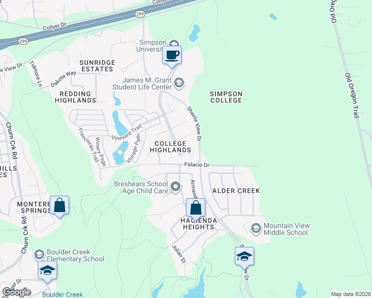 map of restaurants, bars, coffee shops, grocery stores, and more near 2135 Lafayette Court in Redding