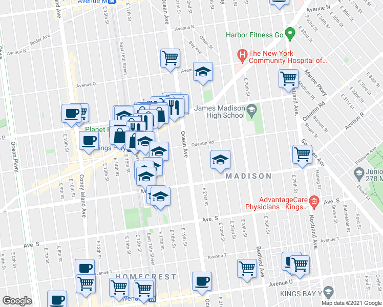 map of restaurants, bars, coffee shops, grocery stores, and more near 2205 Ocean Avenue in Brooklyn