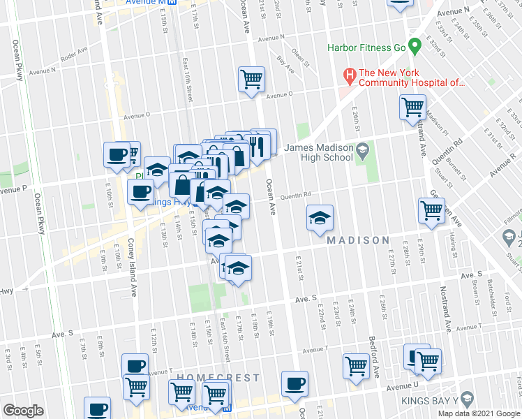 map of restaurants, bars, coffee shops, grocery stores, and more near 1728 East 19th Street in Brooklyn