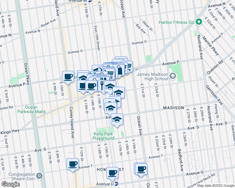 map of restaurants, bars, coffee shops, grocery stores, and more near 1719 East 17th Street in Brooklyn