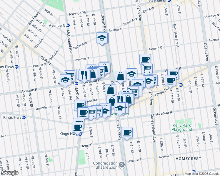 map of restaurants, bars, coffee shops, grocery stores, and more near 1664 Ocean Parkway in Brooklyn