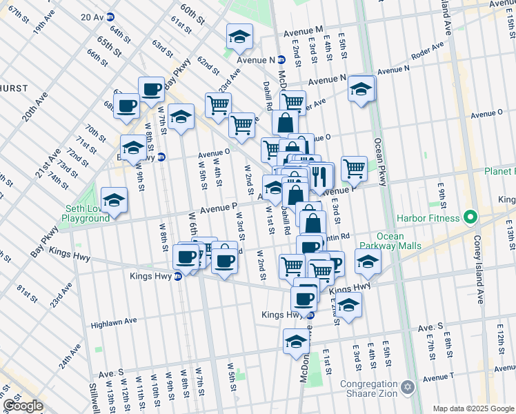 map of restaurants, bars, coffee shops, grocery stores, and more near 1617 West 2nd Street in Brooklyn