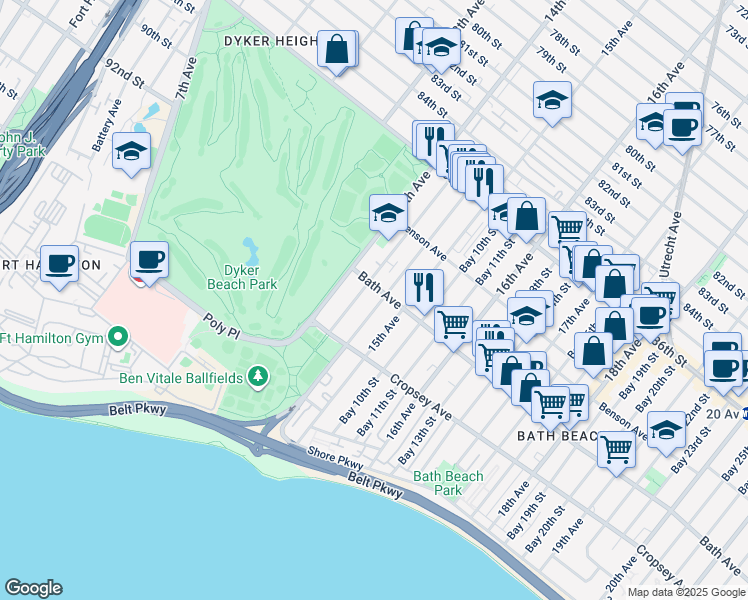 map of restaurants, bars, coffee shops, grocery stores, and more near 196 Bay 8th Street in Brooklyn