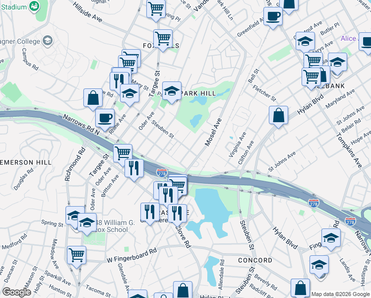 map of restaurants, bars, coffee shops, grocery stores, and more near 687A Elbe Avenue in Staten Island
