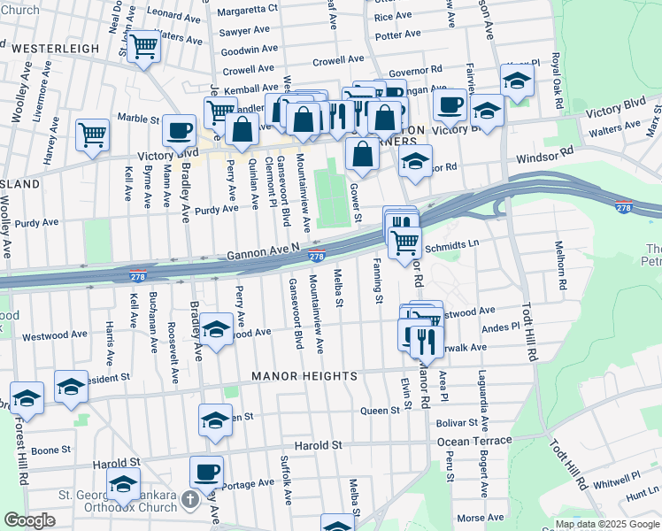 map of restaurants, bars, coffee shops, grocery stores, and more near 16 Melba Street in Staten Island