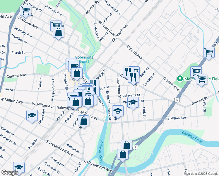 map of restaurants, bars, coffee shops, grocery stores, and more near 1657 Essex Street in Rahway