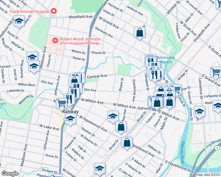 map of restaurants, bars, coffee shops, grocery stores, and more near 298 Elm Avenue in Rahway