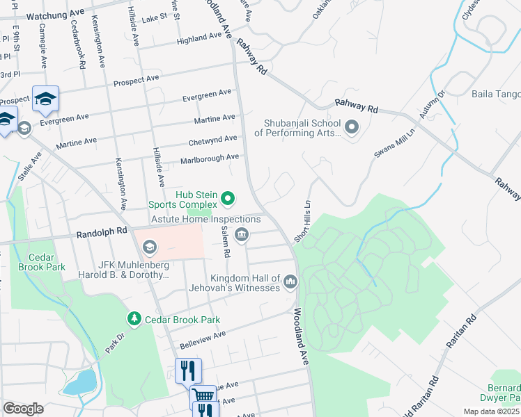 map of restaurants, bars, coffee shops, grocery stores, and more near 1200-10 Woodland Avenue in Plainfield