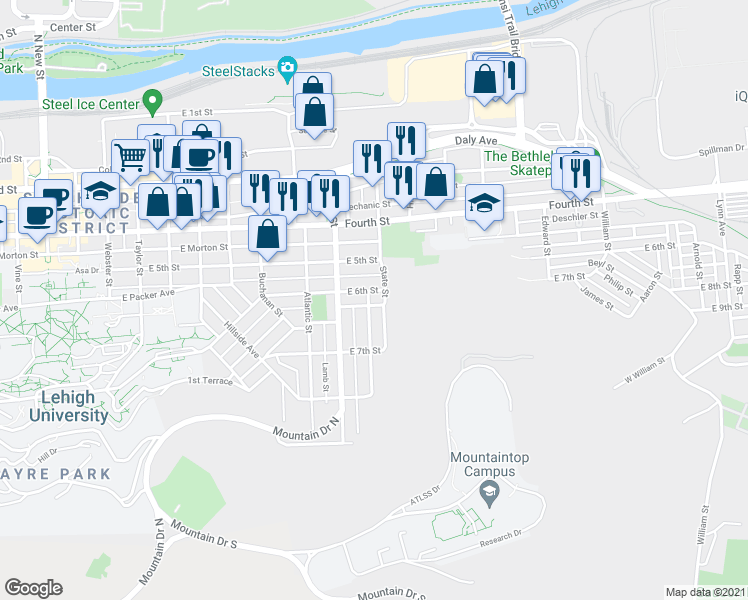 map of restaurants, bars, coffee shops, grocery stores, and more near 619 Ridge Street in Bethlehem
