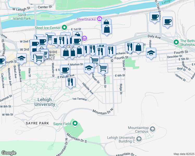 map of restaurants, bars, coffee shops, grocery stores, and more near 612 Buchanan Street in Bethlehem