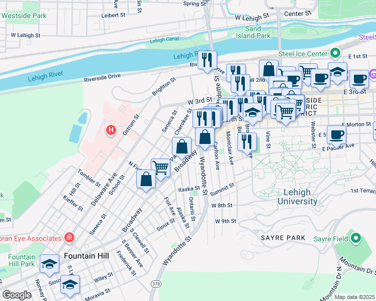 map of restaurants, bars, coffee shops, grocery stores, and more near 613 Pawnee Street in Bethlehem