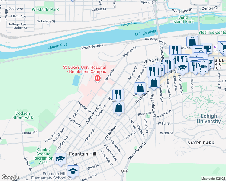 map of restaurants, bars, coffee shops, grocery stores, and more near 736 Delaware Avenue in Fountain Hill