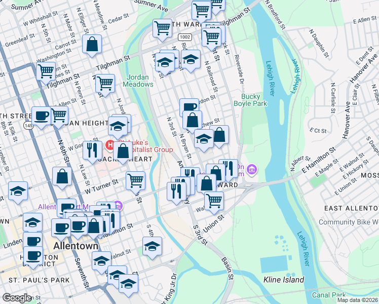 map of restaurants, bars, coffee shops, grocery stores, and more near 224 West Turner Street in Allentown