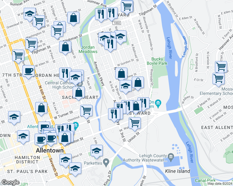 map of restaurants, bars, coffee shops, grocery stores, and more near 224 West Turner Street in Allentown